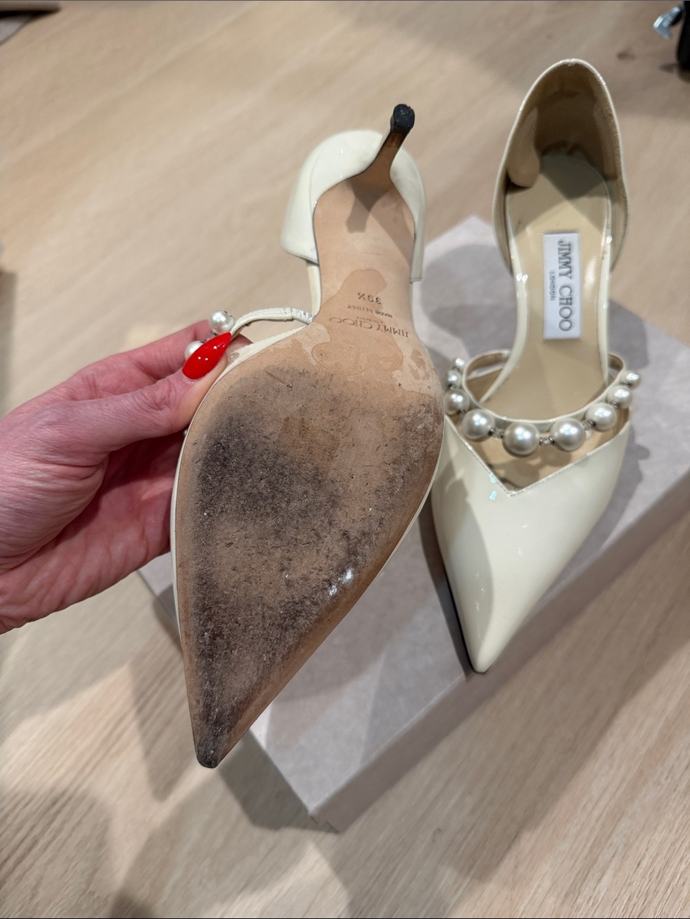 Jimmy Choo Cream Patent Pointed-Toe Pumps with Pearl Strap - Picture 2 of 3